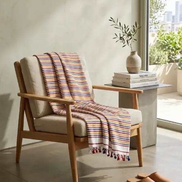 Couverture berbère rayée – Tissage traditionnel multicolore