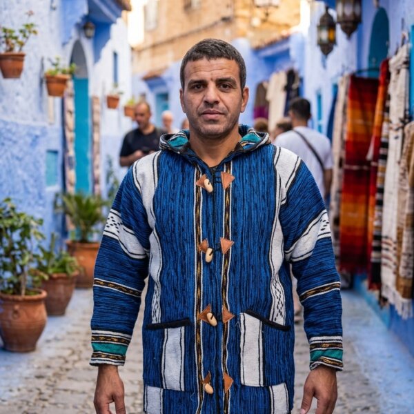 Veste berbère homme à capuche – Tissage bleu et blanc