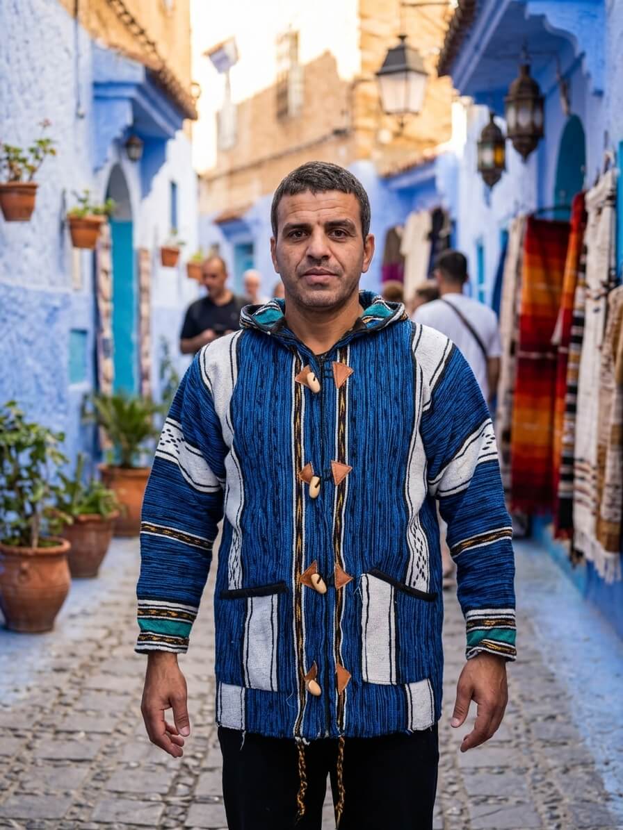 Veste berbère homme à capuche – Tissage bleu et blanc